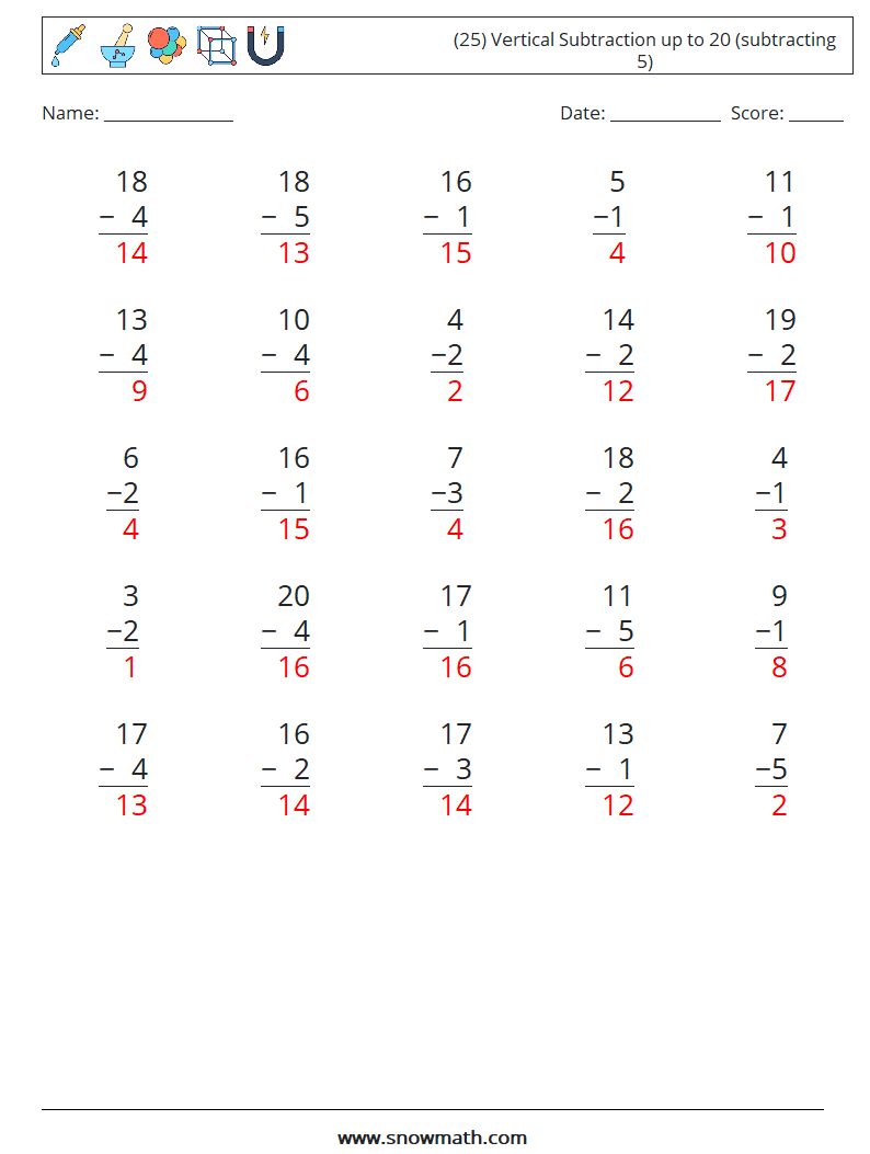 (25) Vertical Subtraction up to 20 (subtracting 5) Math Worksheets 7 Question, Answer
