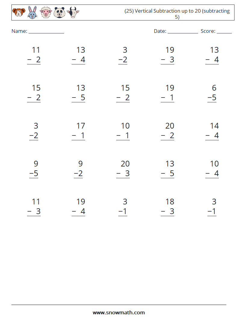 (25) Vertical Subtraction up to 20 (subtracting 5) Math Worksheets 8