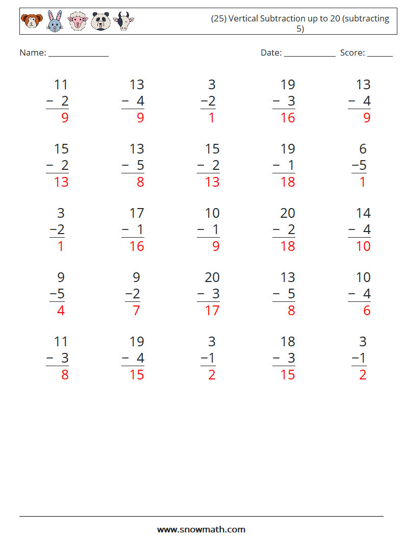 (25) Vertical Subtraction up to 20 (subtracting 5) Math Worksheets 8 Question, Answer