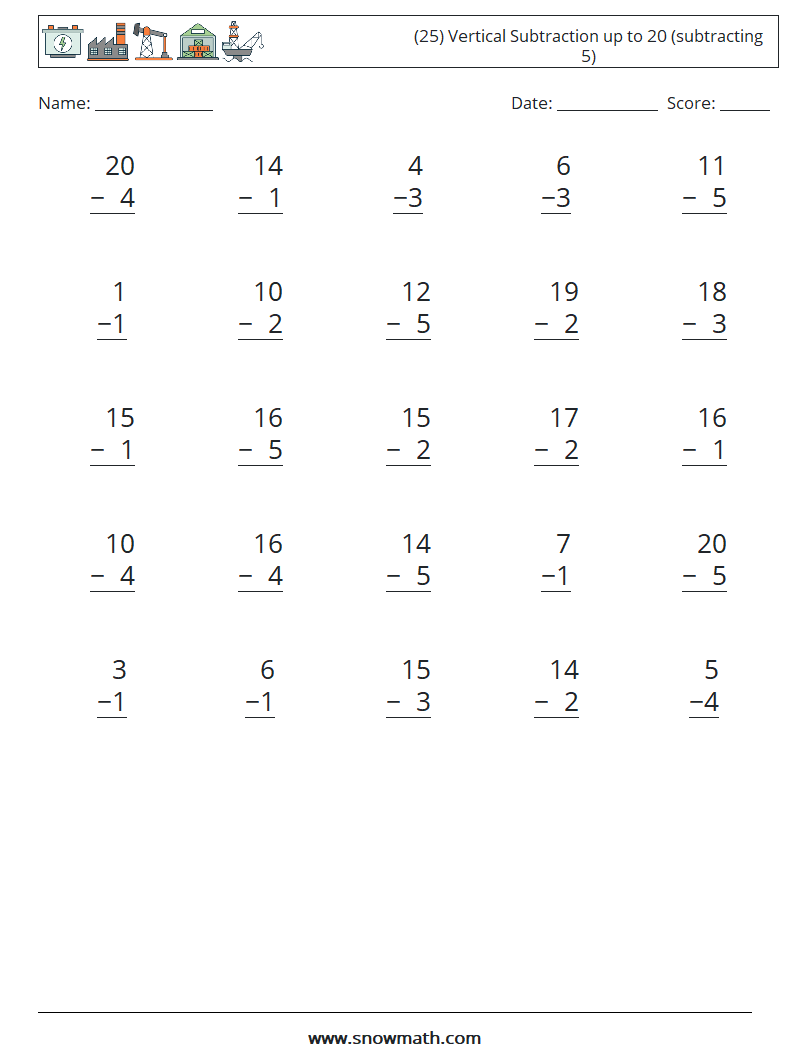 (25) Vertical Subtraction up to 20 (subtracting 5) Math Worksheets 9