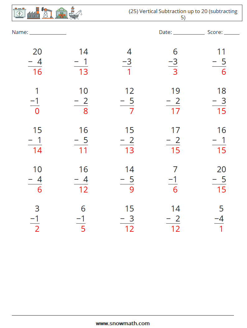 (25) Vertical Subtraction up to 20 (subtracting 5) Math Worksheets 9 Question, Answer