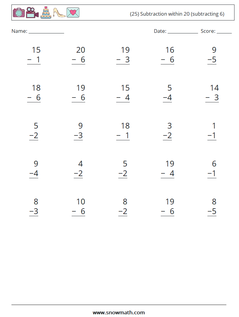 (25) Subtraction within 20 (subtracting 6) Math Worksheets 1