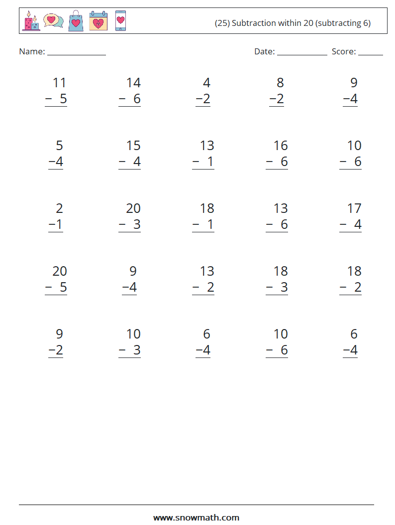 (25) Subtraction within 20 (subtracting 6) Math Worksheets 10