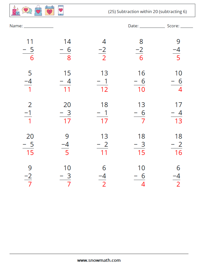 (25) Subtraction within 20 (subtracting 6) Math Worksheets 10 Question, Answer