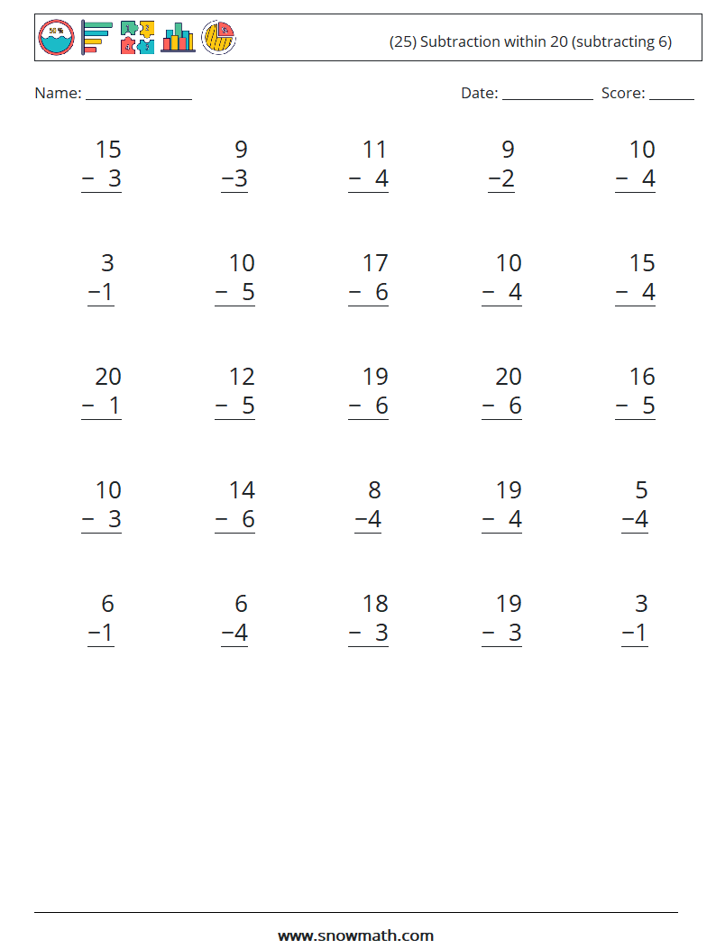 (25) Subtraction within 20 (subtracting 6) Math Worksheets 11