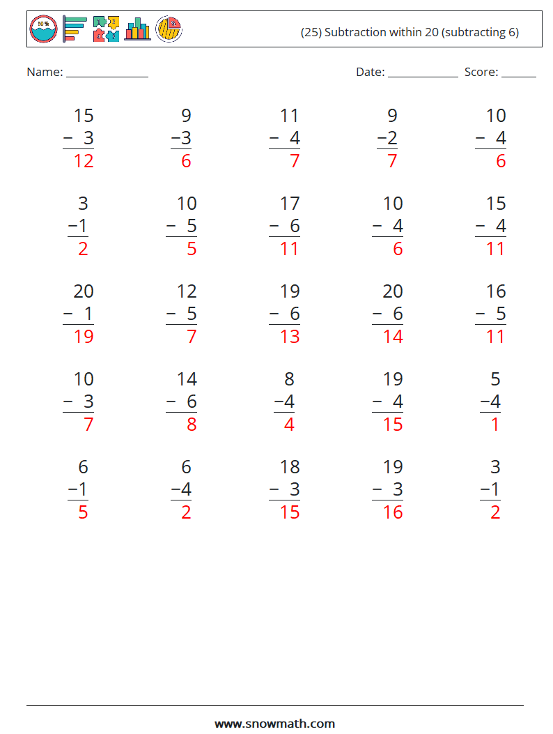 (25) Subtraction within 20 (subtracting 6) Math Worksheets 11 Question, Answer