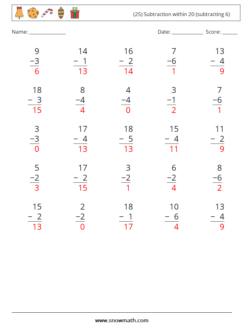 (25) Subtraction within 20 (subtracting 6) Math Worksheets 12 Question, Answer