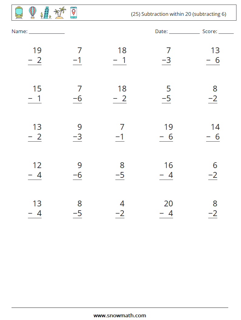 (25) Subtraction within 20 (subtracting 6) Math Worksheets 13