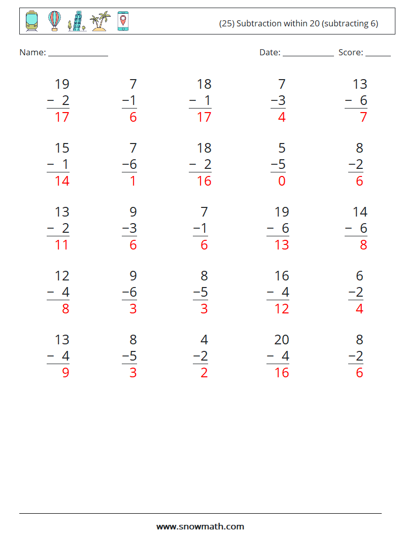 (25) Subtraction within 20 (subtracting 6) Math Worksheets 13 Question, Answer