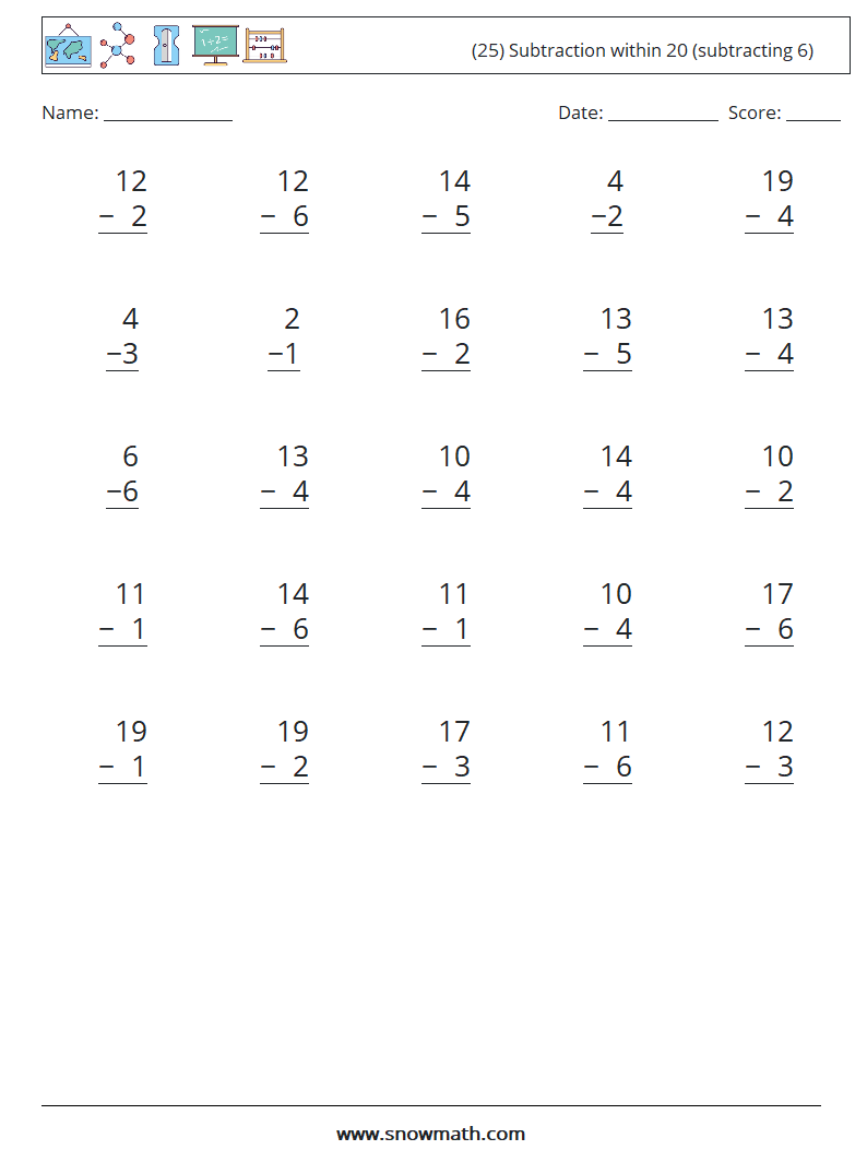 (25) Subtraction within 20 (subtracting 6) Math Worksheets 14
