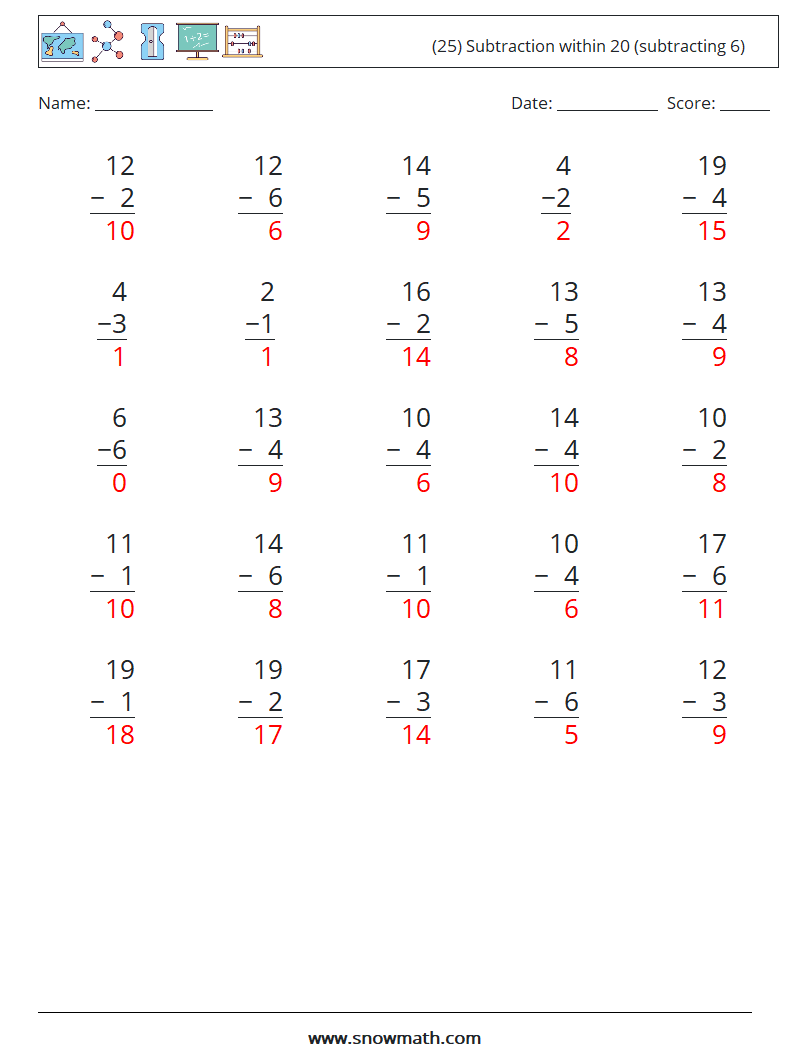 (25) Subtraction within 20 (subtracting 6) Math Worksheets 14 Question, Answer