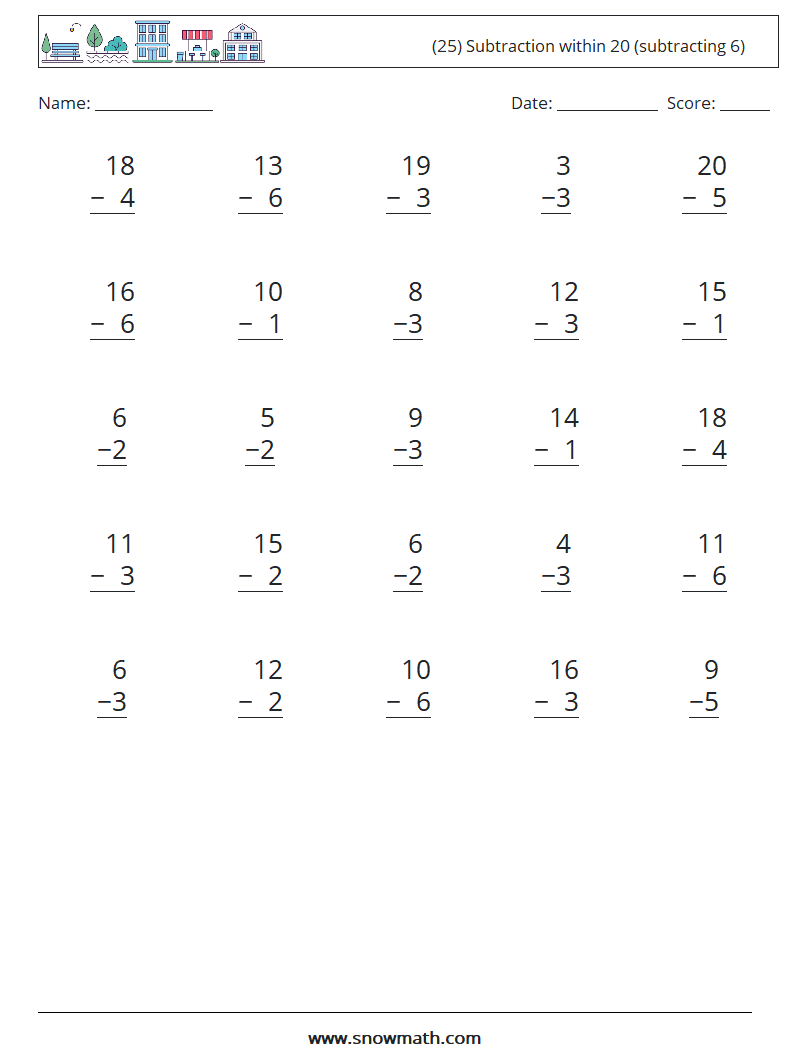 (25) Subtraction within 20 (subtracting 6) Math Worksheets 15