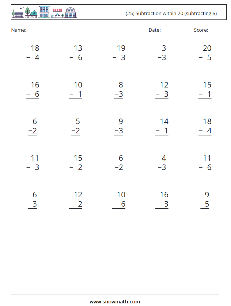 (25) Subtraction within 20 (subtracting 6) Maths Worksheets 15