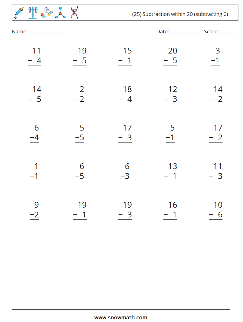 (25) Subtraction within 20 (subtracting 6) Math Worksheets 16
