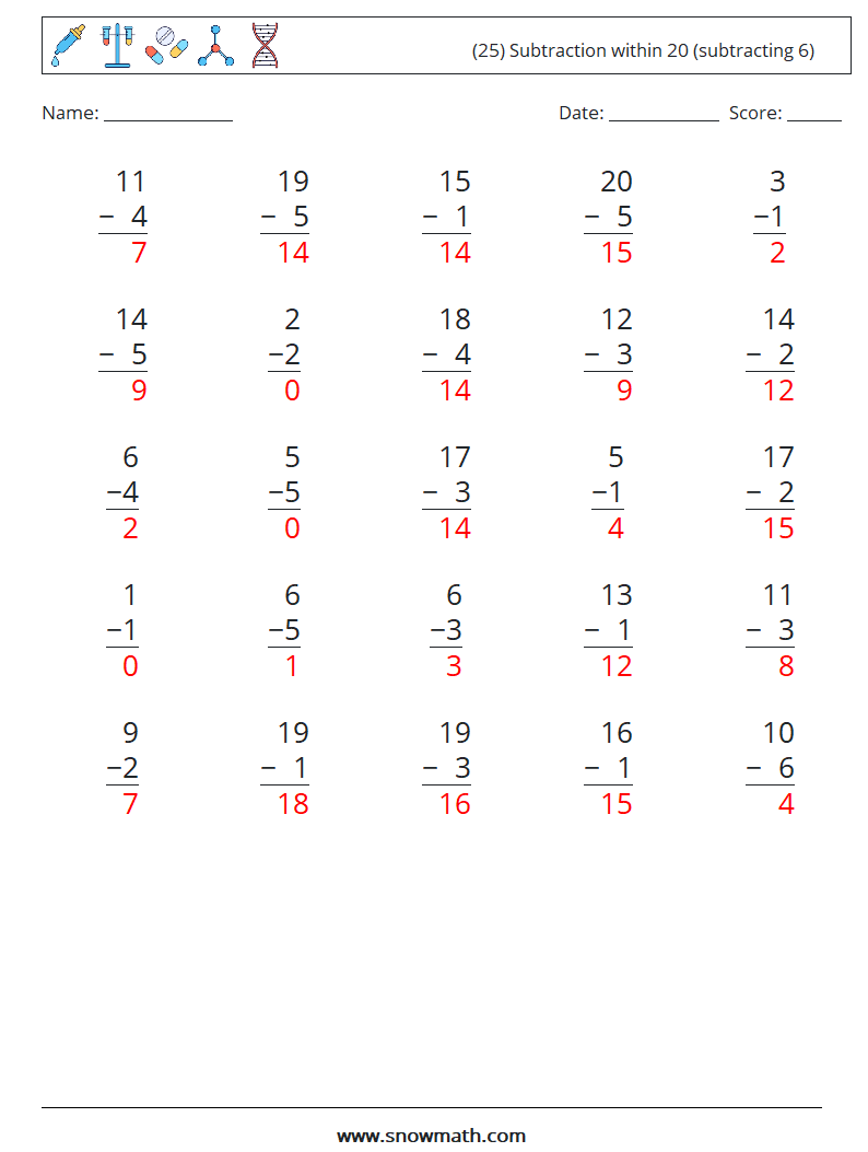 (25) Subtraction within 20 (subtracting 6) Math Worksheets 16 Question, Answer