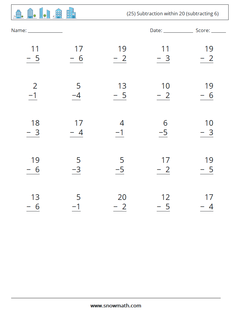 (25) Subtraction within 20 (subtracting 6) Maths Worksheets 17