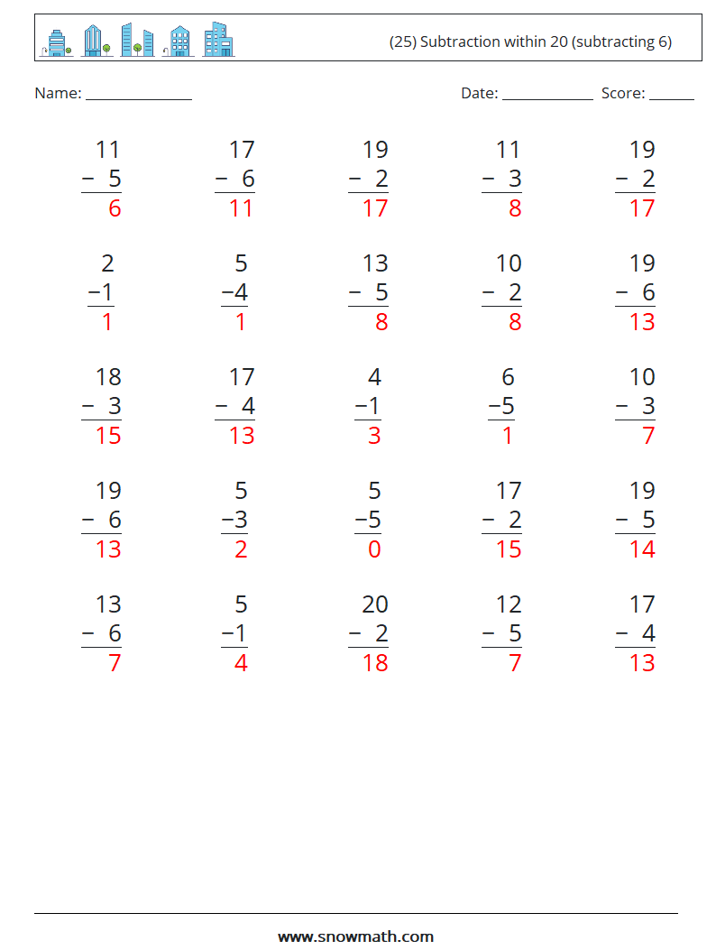 (25) Subtraction within 20 (subtracting 6) Math Worksheets 17 Question, Answer