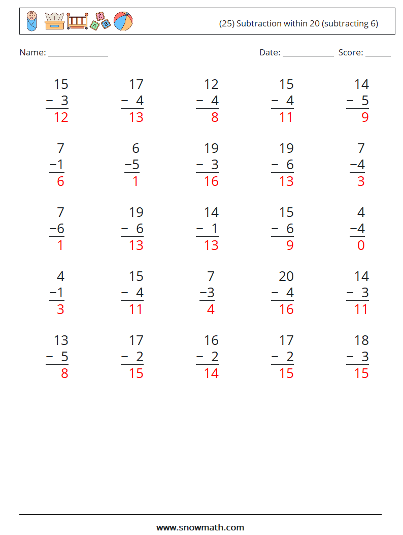 (25) Subtraction within 20 (subtracting 6) Math Worksheets 18 Question, Answer