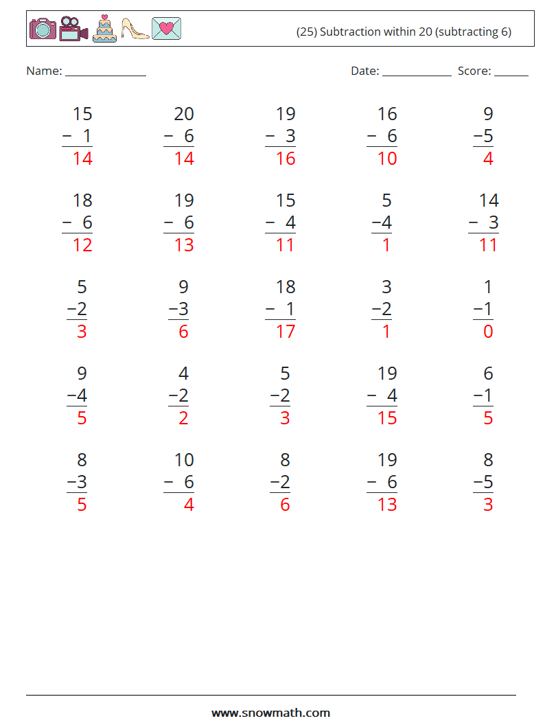 (25) Subtraction within 20 (subtracting 6) Math Worksheets 1 Question, Answer