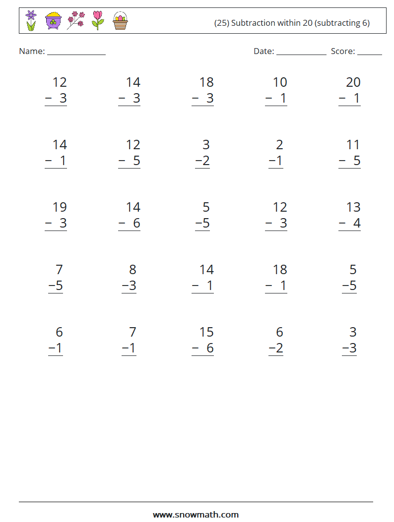 (25) Subtraction within 20 (subtracting 6) Maths Worksheets 2