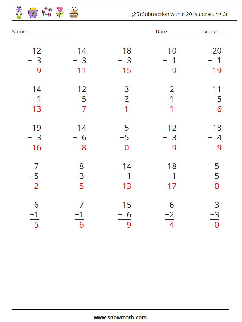 (25) Subtraction within 20 (subtracting 6) Math Worksheets 2 Question, Answer