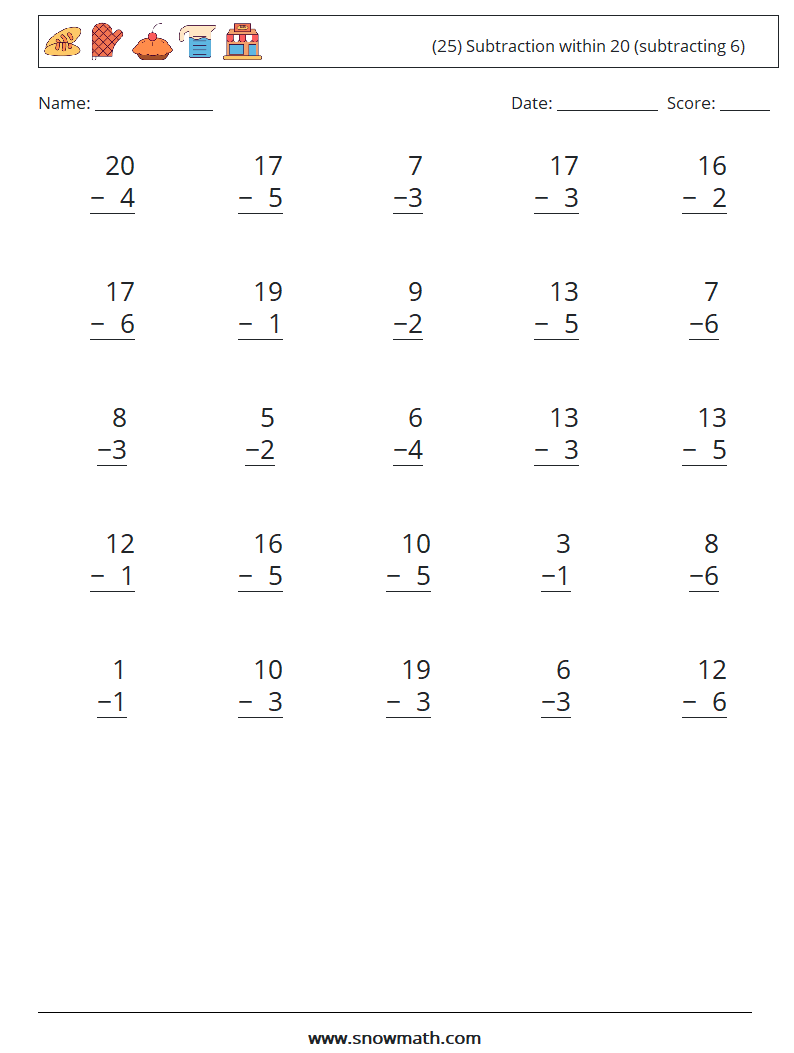(25) Subtraction within 20 (subtracting 6) Math Worksheets 3