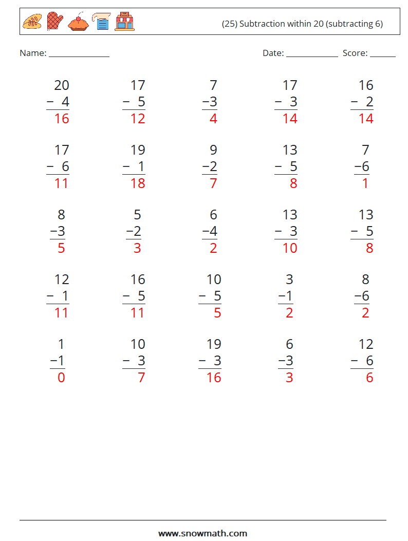 (25) Subtraction within 20 (subtracting 6) Math Worksheets 3 Question, Answer