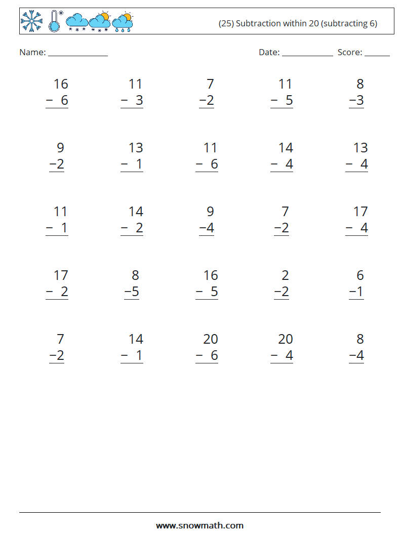 (25) Subtraction within 20 (subtracting 6) Math Worksheets 4