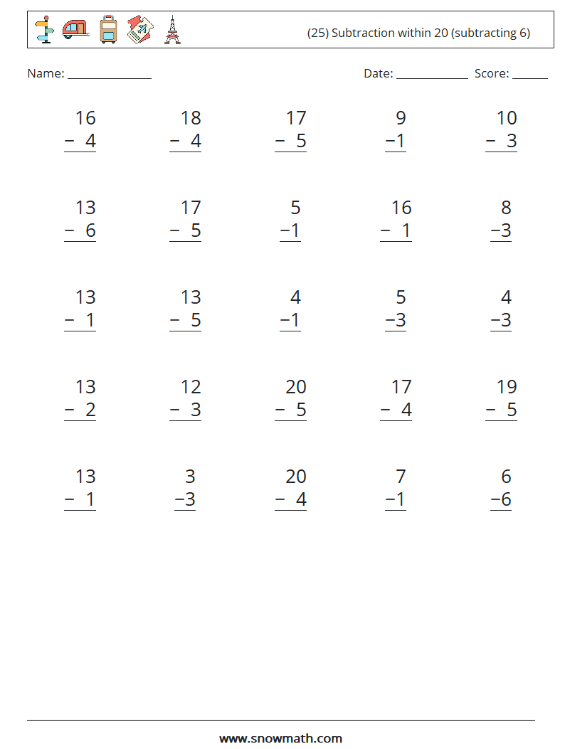 (25) Subtraction within 20 (subtracting 6) Math Worksheets 5