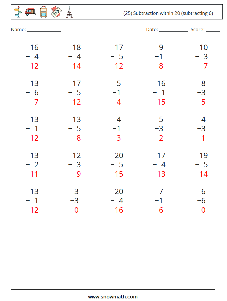 (25) Subtraction within 20 (subtracting 6) Math Worksheets 5 Question, Answer