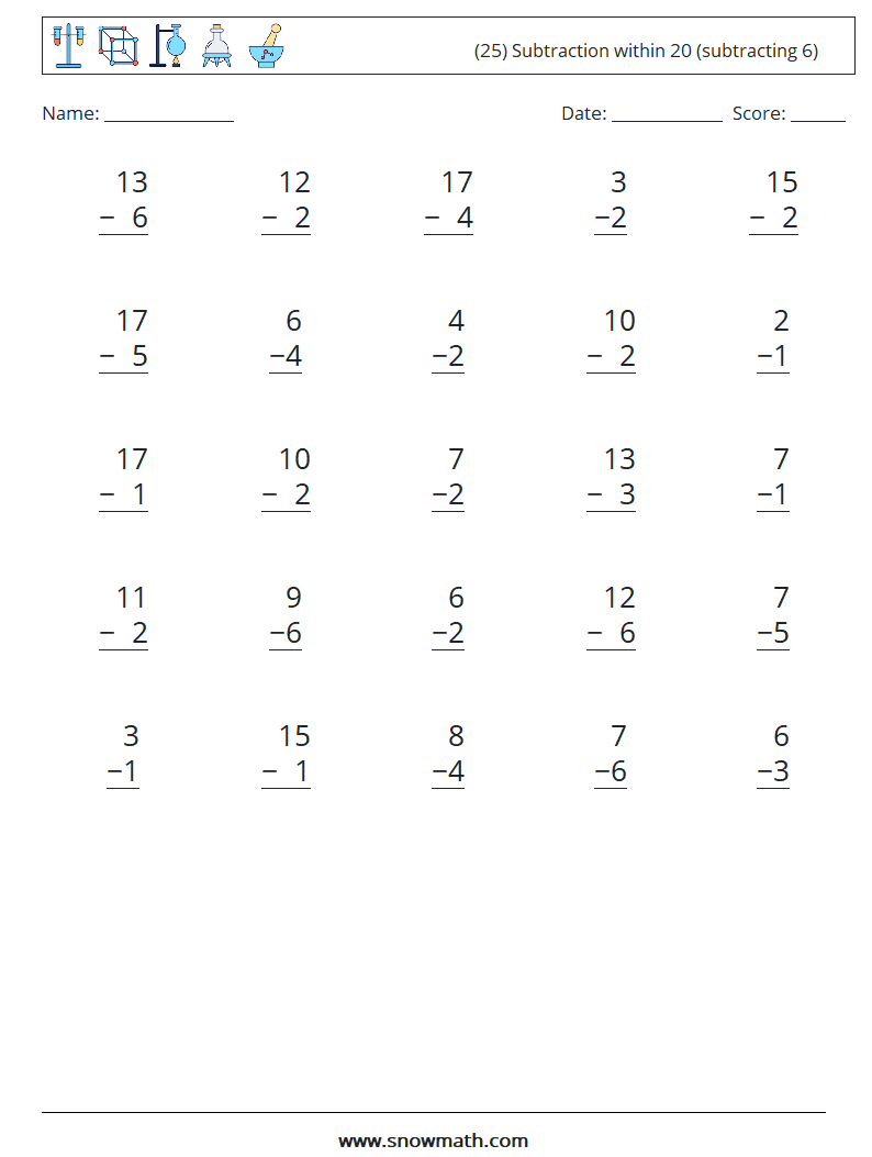 (25) Subtraction within 20 (subtracting 6) Maths Worksheets 6