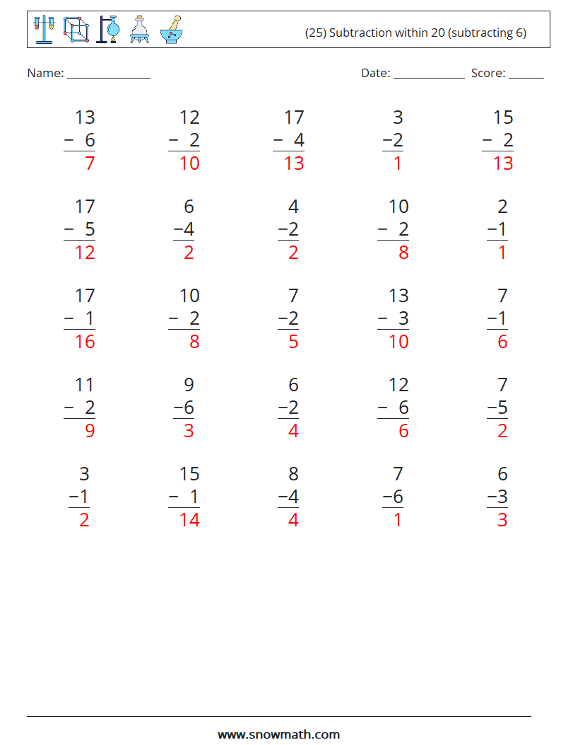 (25) Subtraction within 20 (subtracting 6) Math Worksheets 6 Question, Answer