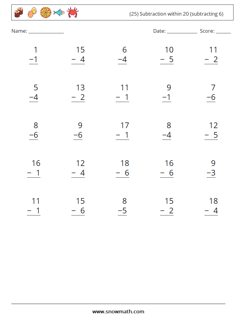 (25) Subtraction within 20 (subtracting 6) Math Worksheets 7