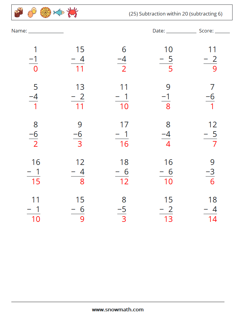 (25) Subtraction within 20 (subtracting 6) Math Worksheets 7 Question, Answer