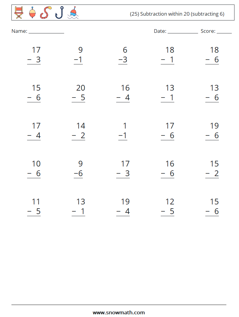 (25) Subtraction within 20 (subtracting 6) Math Worksheets 8