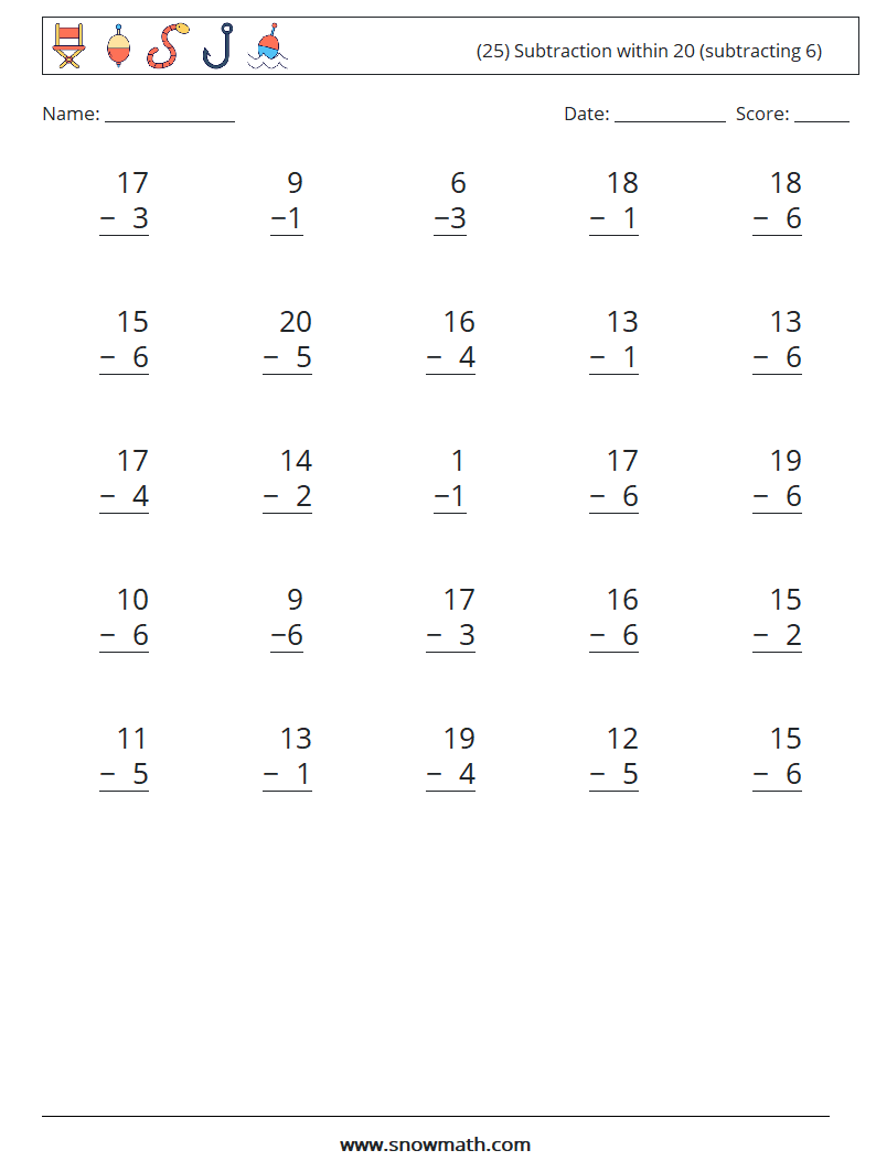 (25) Subtraction within 20 (subtracting 6) Maths Worksheets 8