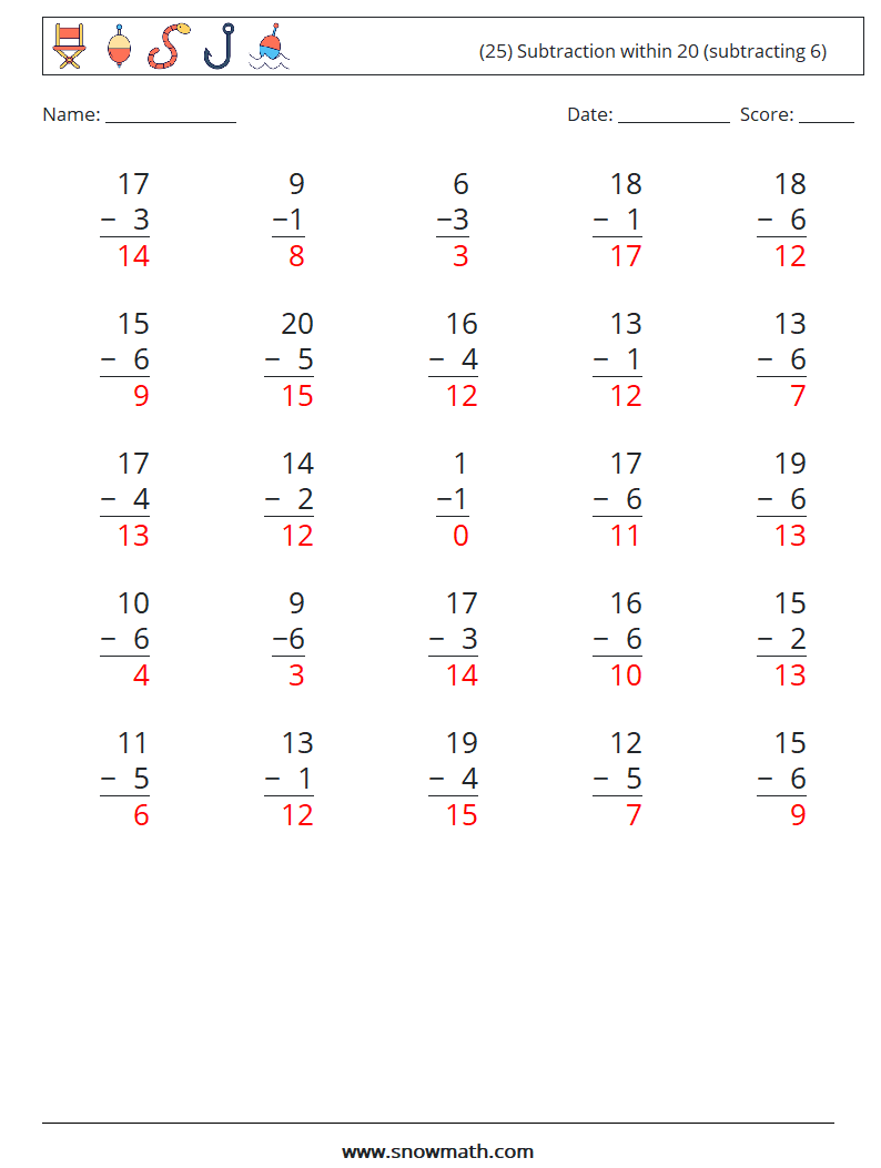 (25) Subtraction within 20 (subtracting 6) Math Worksheets 8 Question, Answer