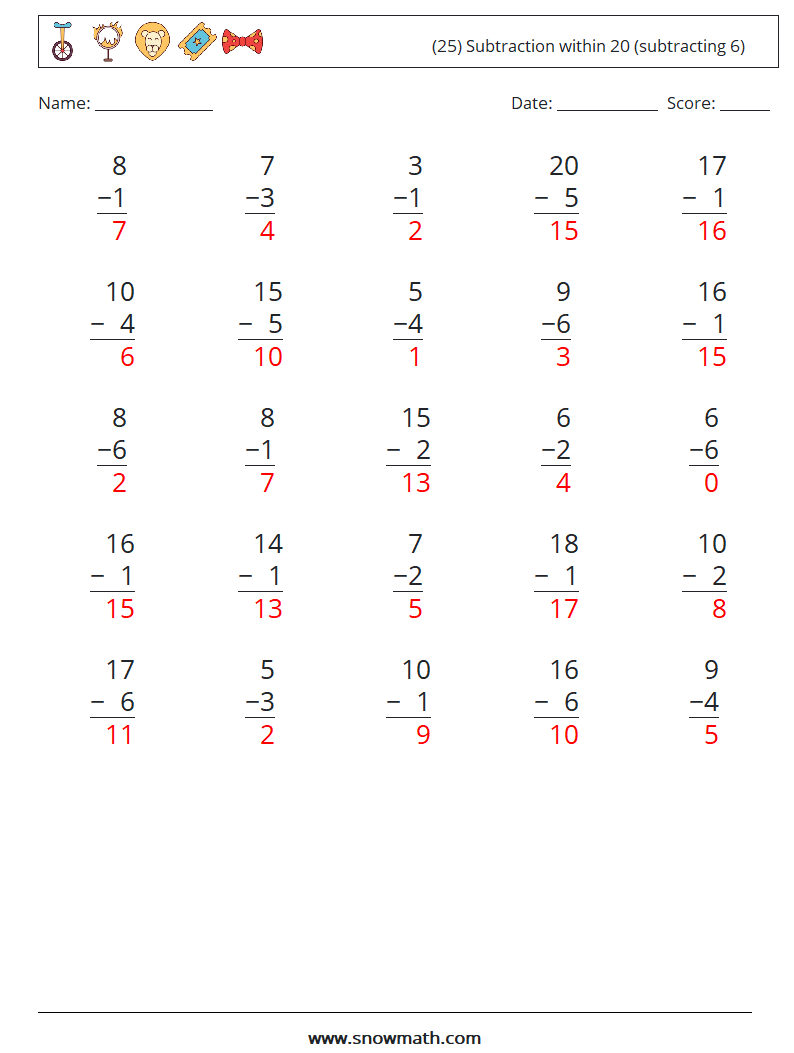 (25) Subtraction within 20 (subtracting 6) Math Worksheets 9 Question, Answer