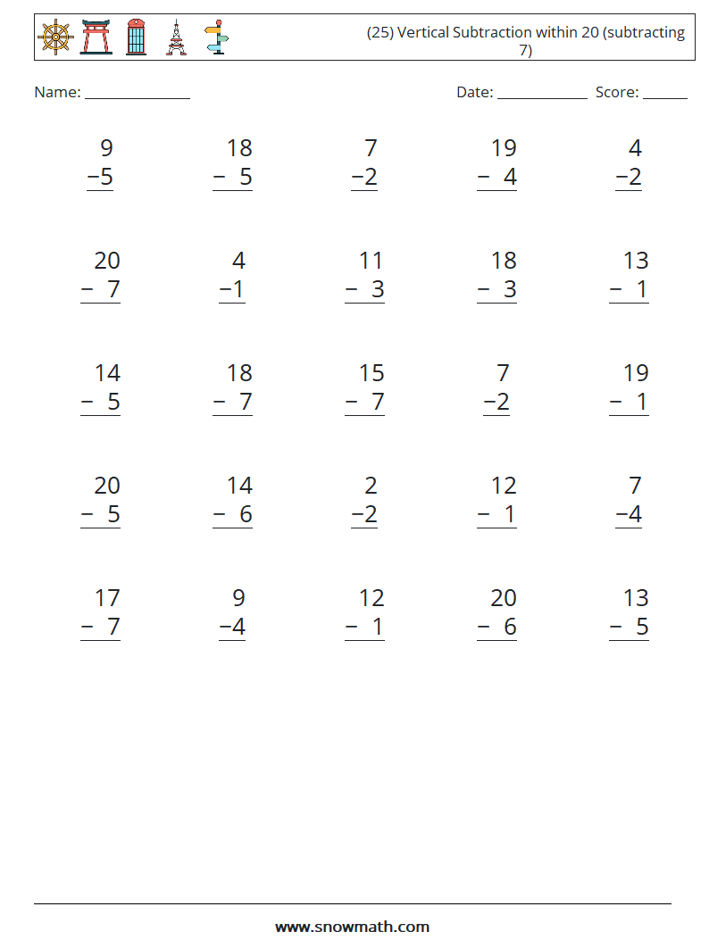 (25) Vertical Subtraction within 20 (subtracting 7) Math Worksheets 1