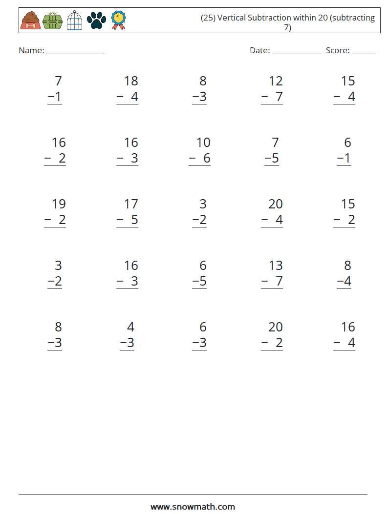 (25) Vertical Subtraction within 20 (subtracting 7) Math Worksheets 10