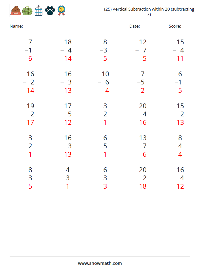 (25) Vertical Subtraction within 20 (subtracting 7) Math Worksheets 10 Question, Answer