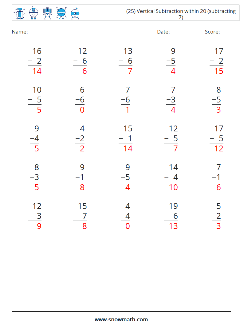 (25) Vertical Subtraction within 20 (subtracting 7) Math Worksheets 11 Question, Answer