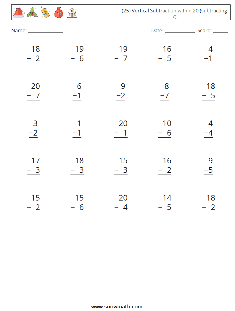 (25) Vertical Subtraction within 20 (subtracting 7) Math Worksheets 12