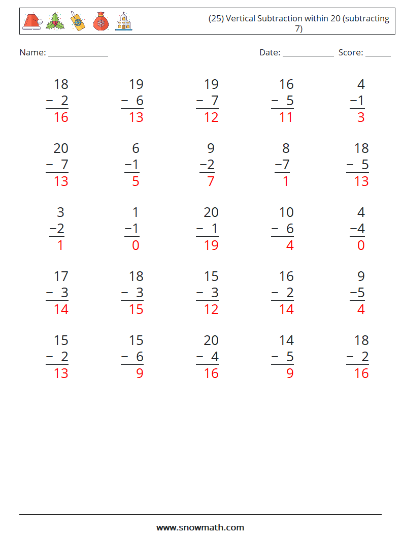 (25) Vertical Subtraction within 20 (subtracting 7) Math Worksheets 12 Question, Answer