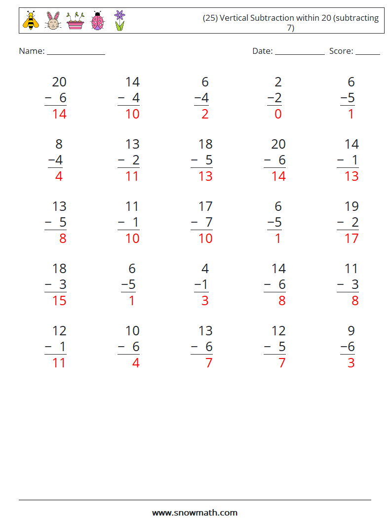 (25) Vertical Subtraction within 20 (subtracting 7) Math Worksheets 13 Question, Answer
