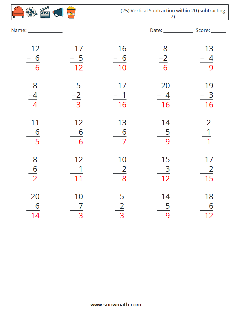 (25) Vertical Subtraction within 20 (subtracting 7) Math Worksheets 14 Question, Answer