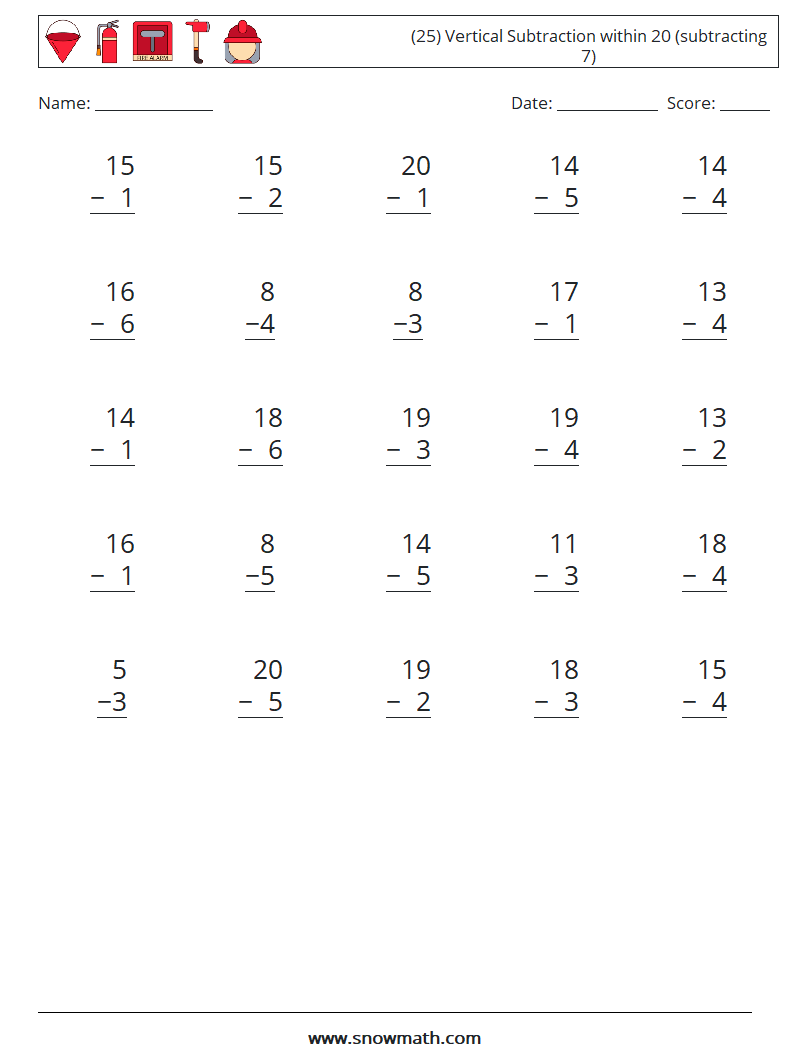 (25) Vertical Subtraction within 20 (subtracting 7) Math Worksheets 16