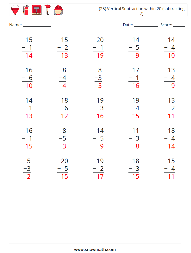 (25) Vertical Subtraction within 20 (subtracting 7) Math Worksheets 16 Question, Answer