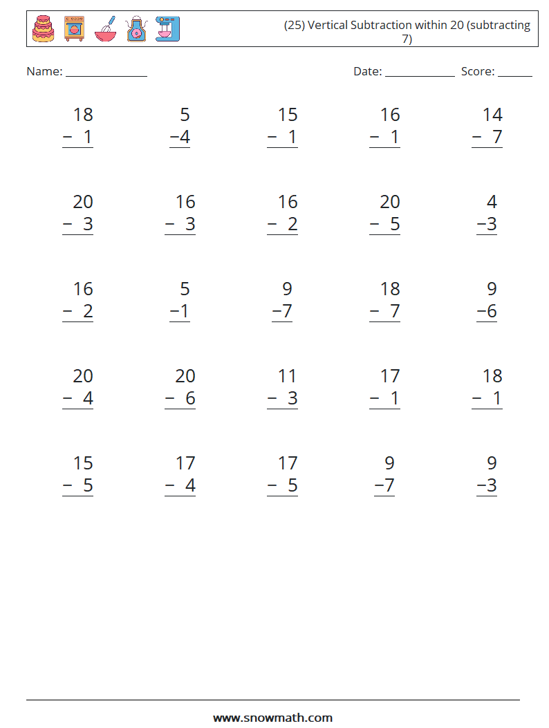 (25) Vertical Subtraction within 20 (subtracting 7) Math Worksheets 17