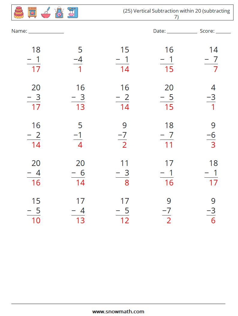 (25) Vertical Subtraction within 20 (subtracting 7) Math Worksheets 17 Question, Answer